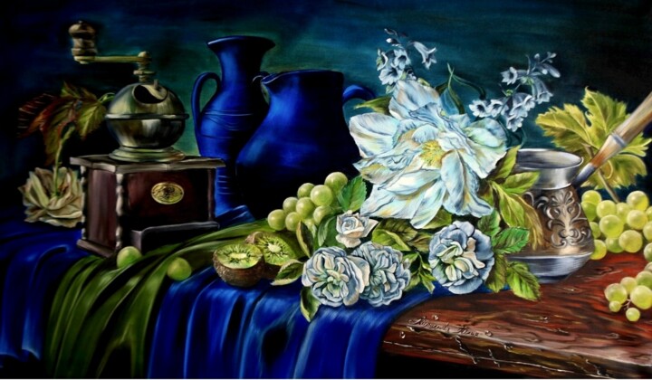 Huge still life with blue jugs and coffee and flowers. 绘画, 23.6x39.4 in