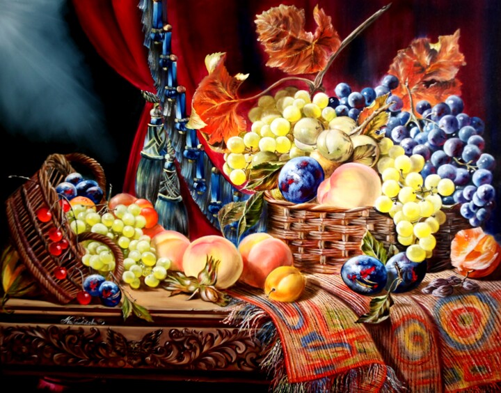 Large Dutch still life with baskets of fruit 绘画, 29.5x39.4 in