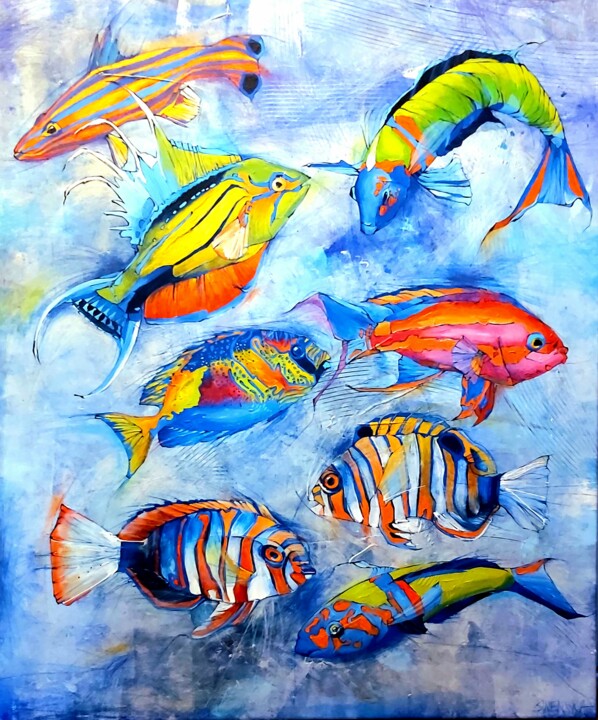 Peinture intitulée "Fluo fish" par Sylwia Wenska, Œuvre d'art originale, Acrylique Monté sur Châssis en bois