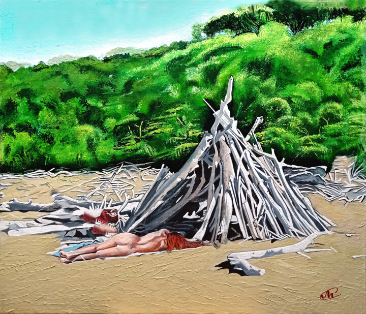 Nudo sulla spiaggia 绘画, 13.2x15.4 in
