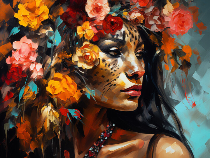 Gorgeous leopard girl surrounded by flowers 数字艺术