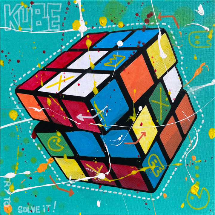 Painting titled "KUBE - TEAL" by Secam, Original Artwork, Acrylic Mounted on Wood Stretcher frame