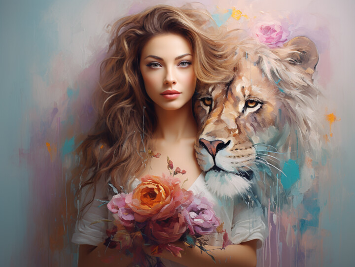 The unity of a creative girl and a lion 数字艺术