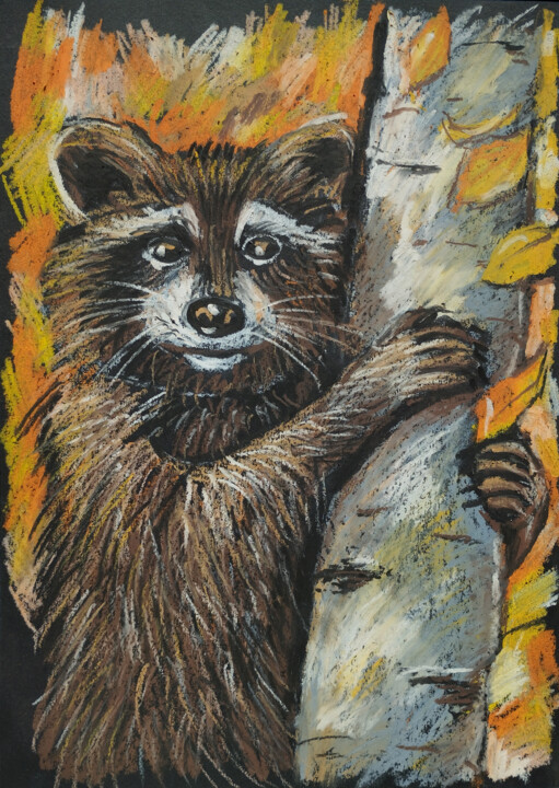 Raccoon in the autumn forest Painting Portrait animal art 图画, 11.7x8.3 in