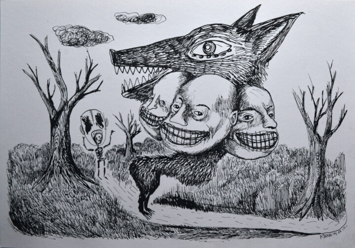 3 tiques sur le cou d'un loup manchot 图画, 8.3x11.7 in