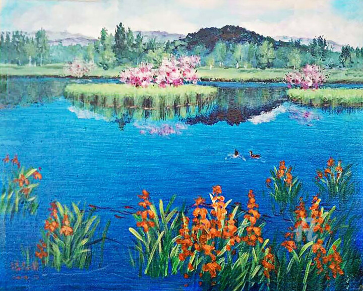 Pittura intitolato "桃花潭水碧如蓝" da Zhang Zhi Guo, Opera d'arte originale, Tempera