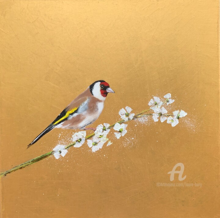 Goldfinch on Cherry Blossom II 绘画, 15.8x15.8 in