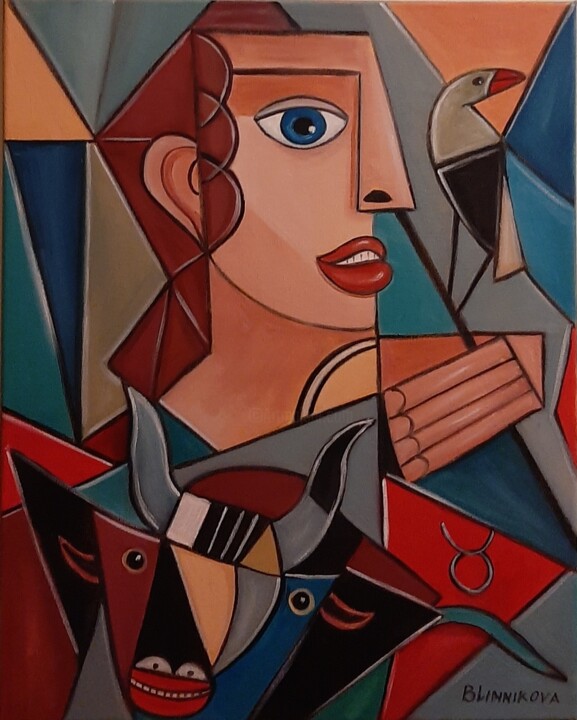 Homem com touro 绘画, 19.7x15.8 in