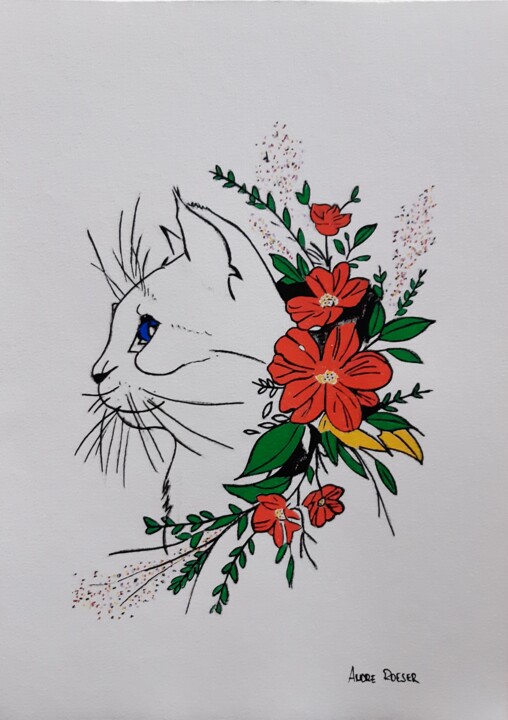 Chat fleur 2 绘画, 11.8x8.3 in