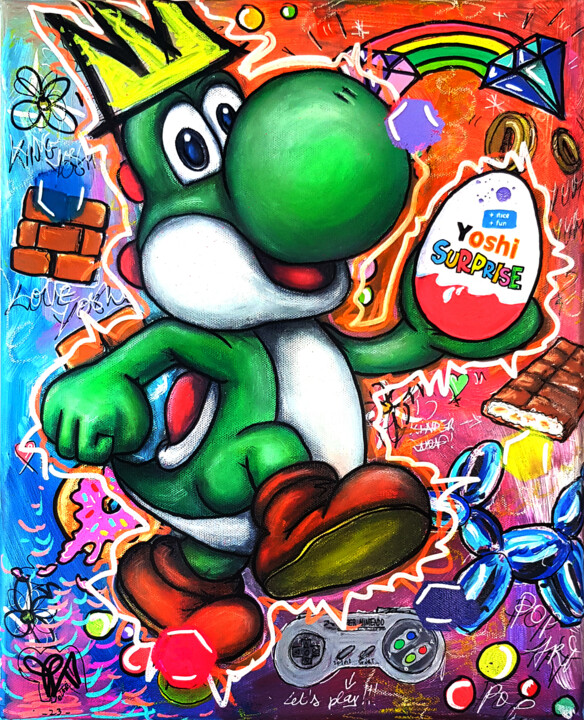 Peinture pop art Yoshi Colorée - Tableau original PVettese 绘画, 16.1x13 in