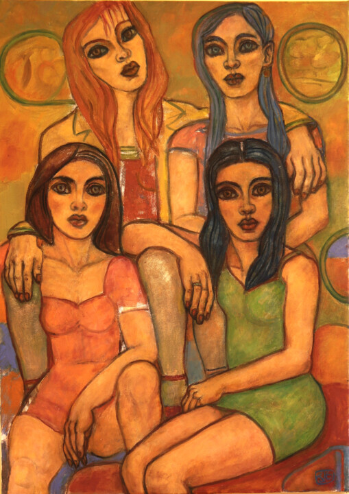 Peinture intitulée "Four sisters from o…" par Robert Gibson, Œuvre d'art originale, Huile Monté sur Châssis en bois
