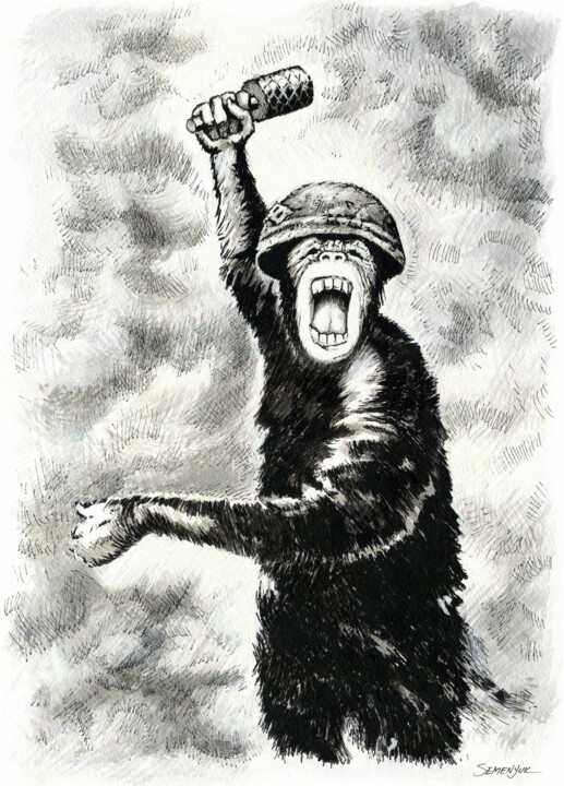 MONKEY WITH A GRENADE 绘画, 19.7x15.8 in
