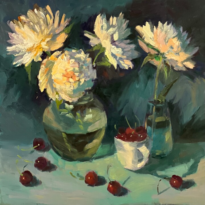 Peony Nocturne - Original Oil Painting Home Decor 绘画, 15.8x15.8 in
