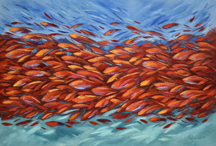 Red Fish Stream Tropical Sea 绘画, 26.4x37.8 in