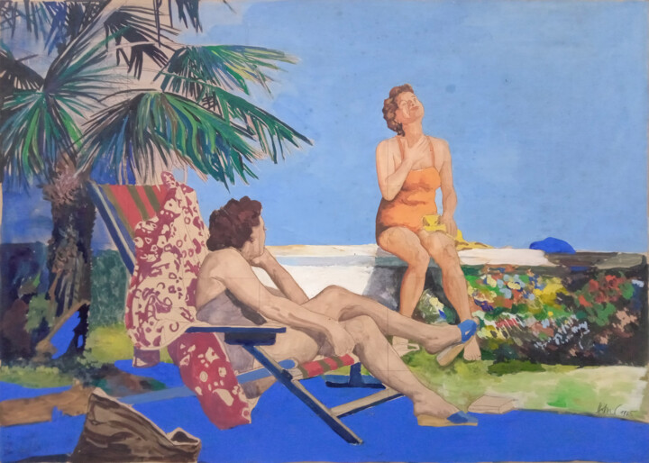 Zwei Frauen am Gardesee in den sechziger Jahren 绘画, 19.7x27.6 in