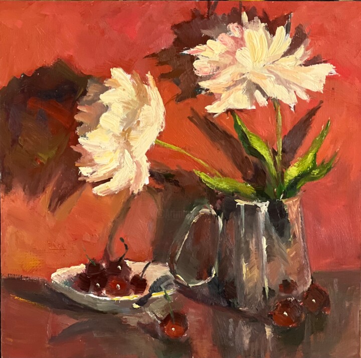Peonies and Cherries in the night 绘画, 11.8x11.8 in