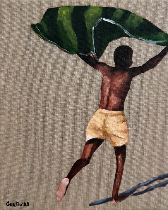 African Boy with a Towel - Male Figure on Beach Painting 绘画, 11.8x9.5 in