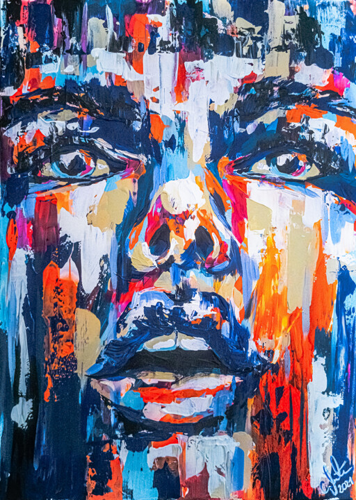 Emilia Frau gespachtelt neon orange blau weiß Portrait 绘画, 27.6x19.7 in