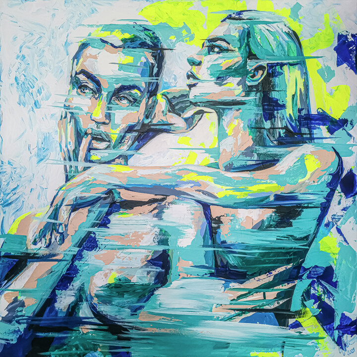 Valentina & Linnea akt 2Frauen neon gelb grün blau popart 绘画, 39.4x39.4 in