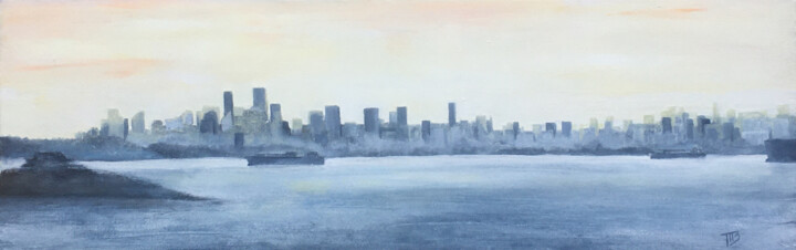Peinture intitulée "Matin Jaune et Bleu…" par M Batté Gauthier, Œuvre d'art originale, Huile Monté sur Châssis en bois