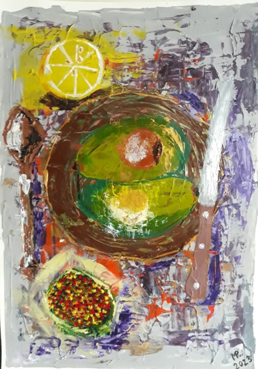 Painting titled "Making avocado sala…" by Marie Ruda, Original Artwork, Acrylic