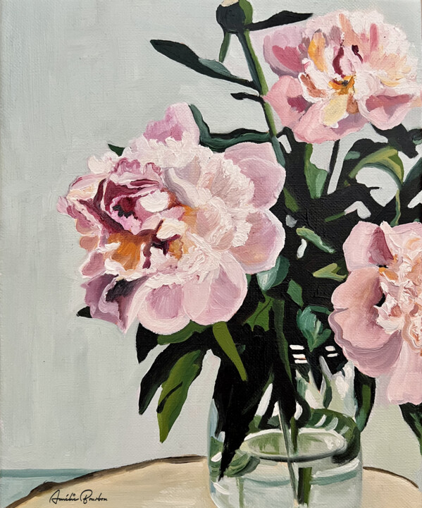 Painting titled "PIVOINES" by Amélie Bourbon, Original Artwork, Oil Mounted on Wood Stretcher frame
