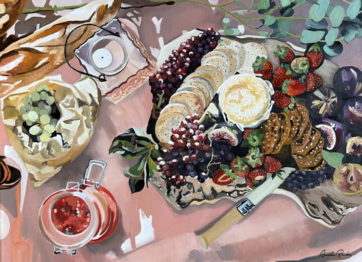 Painting titled "dejeuner d'été" by Amélie Bourbon, Original Artwork, Oil Mounted on Wood Stretcher frame
