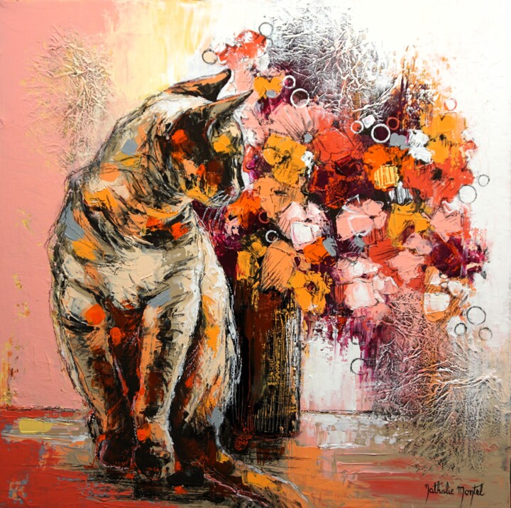 Chat au bouquet 绘画, 19.7x19.7 in