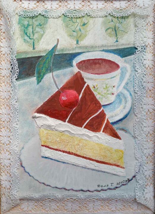 Cake with cappuccino. Series of paintings: Mood "In a cafe" 绘画, 6.8x4.9 in