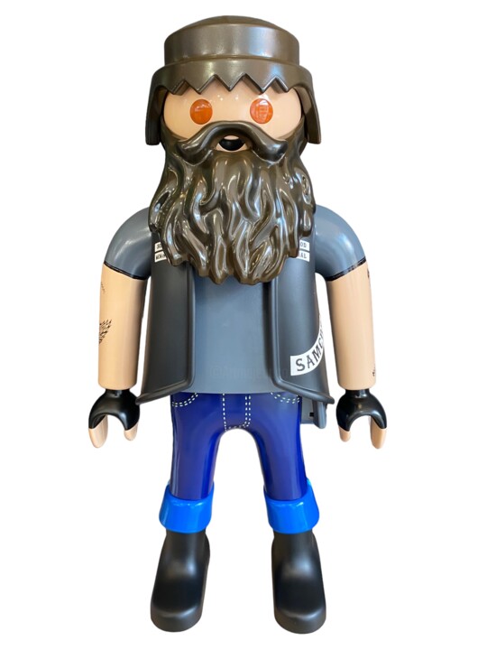 Sculpture titled "Playmobil XXL Biker" by Jordan Jeffray, Original Artwork, Acrylic