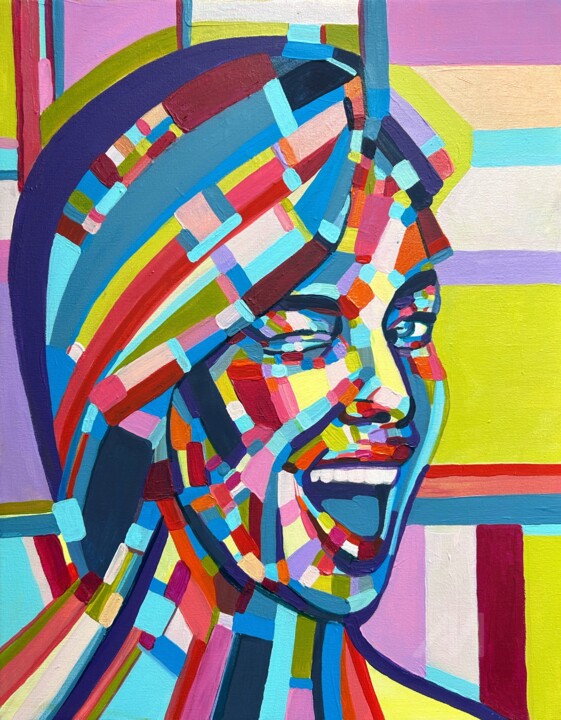 Laughing woman geometric portrait painting 绘画, 19.7x15.8 in