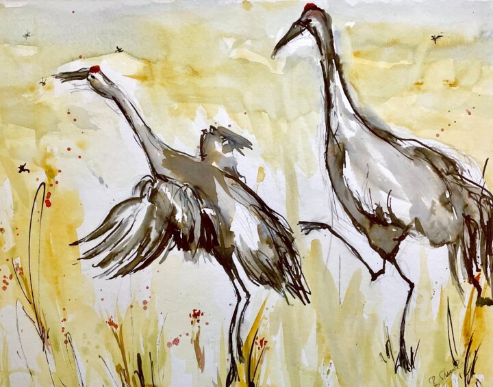 Malerei mit dem Titel "Kraniche an der Ost…" von Corason, Original-Kunstwerk, Aquarell