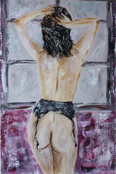 femme nue en porte jarretelles 绘画, 11.8x7.9 in