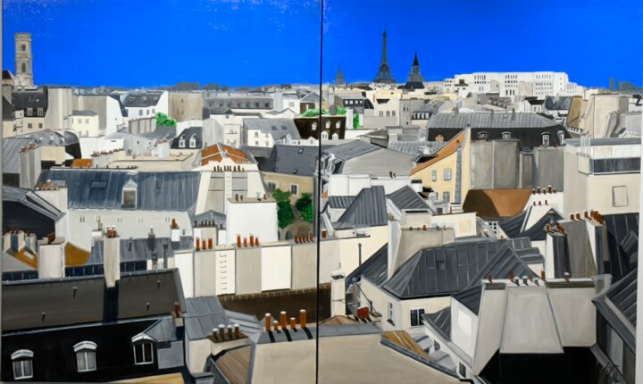 Peinture intitulée "De toits en toits (…" par Marie France Garrigues, Œuvre d'art originale, Huile Monté sur Châssis en bois