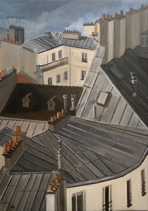 绘画 标题为“Vue sur les toits (…” 由Marie France Garrigues, 原创艺术品, 油 安装在木质担架架上