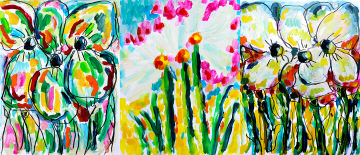Fleurs et feu 绘画, 11.8x24.8 in