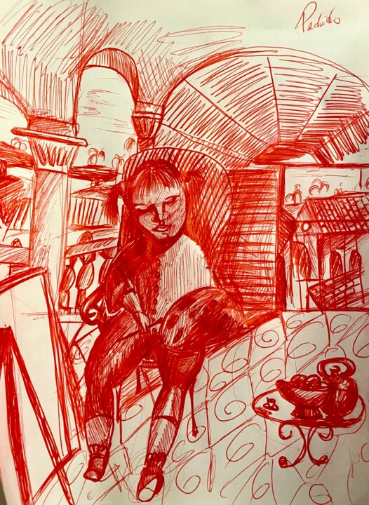 Boceto “Niña Pintando” 图画, 4.7x3.5 in