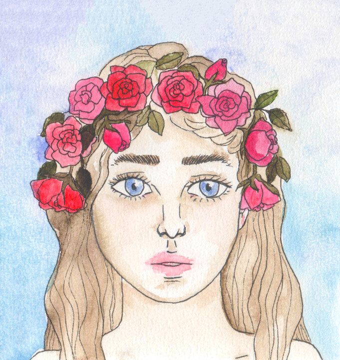 Girl in floral wreath 绘画, 19.7x18.5 in
