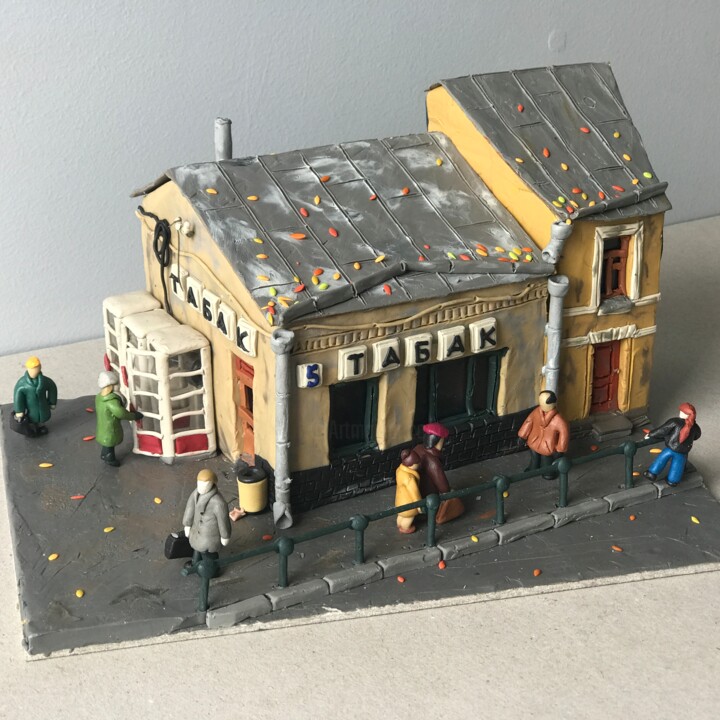 Tobacco shop, plasticine, cardboard 雕塑, 5.1x9.8 in
