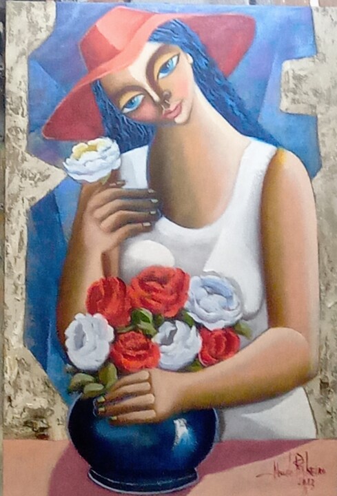 Mulher com vaso de flores 绘画, 23.6x15.8 in
