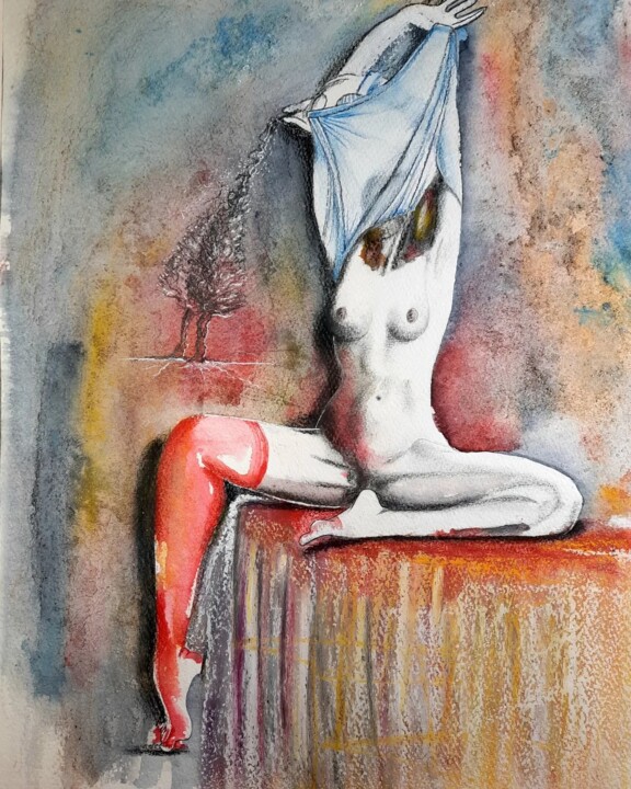 Une fille au collant rouge... 绘画, 20.1x14.2 in