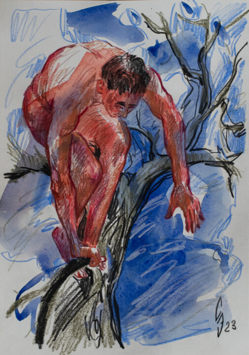 Drawing titled "On a tree branch" by Sergey Sovkov, Original Artwork, Watercolor