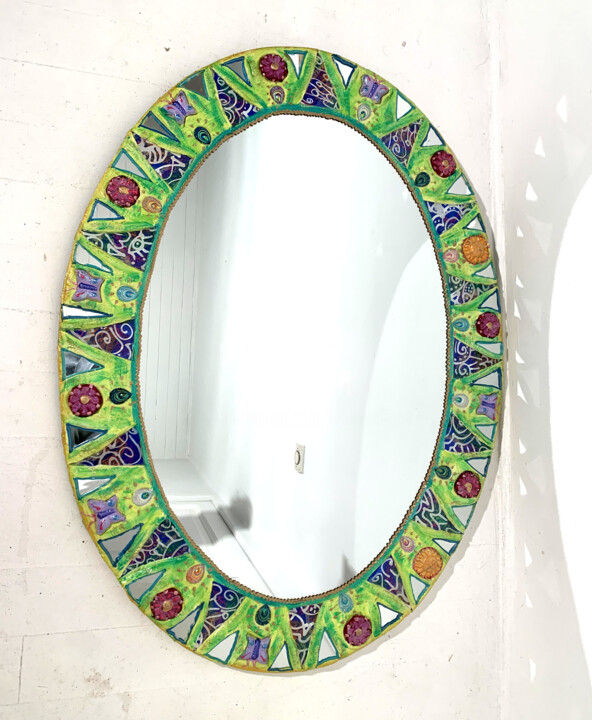 miroir ovale mosaïque de verre et peinture "la prairie " 设计, 29.9x22.4 in