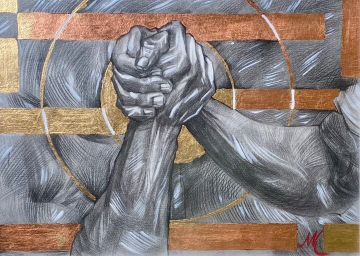 图画 标题为“A handshake is stro…” 由Maksym Kulikov, 原创艺术品, 石墨 安装在木质担架架上