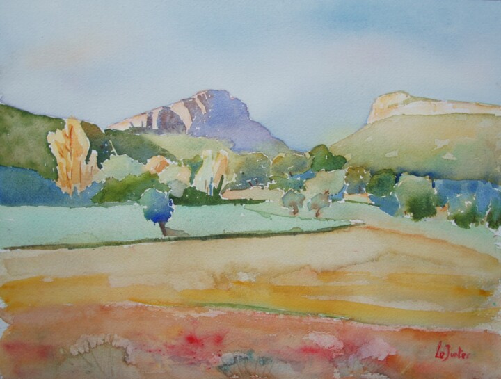 Peinture intitulée "Le Pic Saint-Loup e…" par Jean-Noël Le Junter, Œuvre d'art originale, Aquarelle Monté sur Panneau de bois