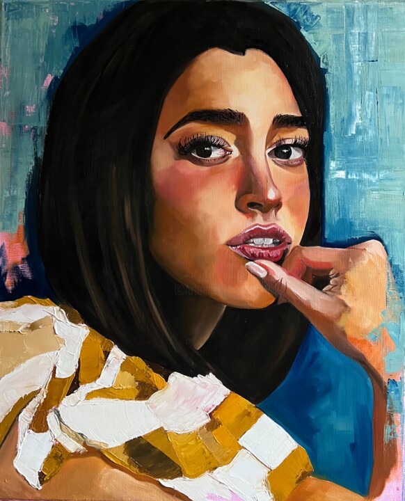 Painting titled "PORTRAIT" by Amélie Bourbon, Original Artwork, Oil Mounted on Wood Stretcher frame