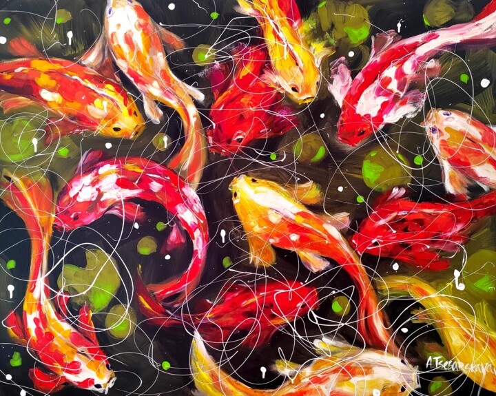 Koi fish in lake 绘画, 31.5x39.4 in