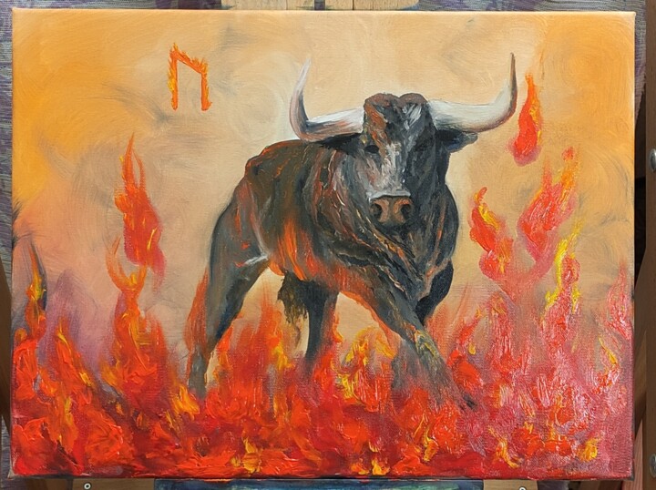 Schilderij getiteld "Бык АУРОХ" door Natasha Korenek, Origineel Kunstwerk, Olie Gemonteerd op Frame voor houten brancard