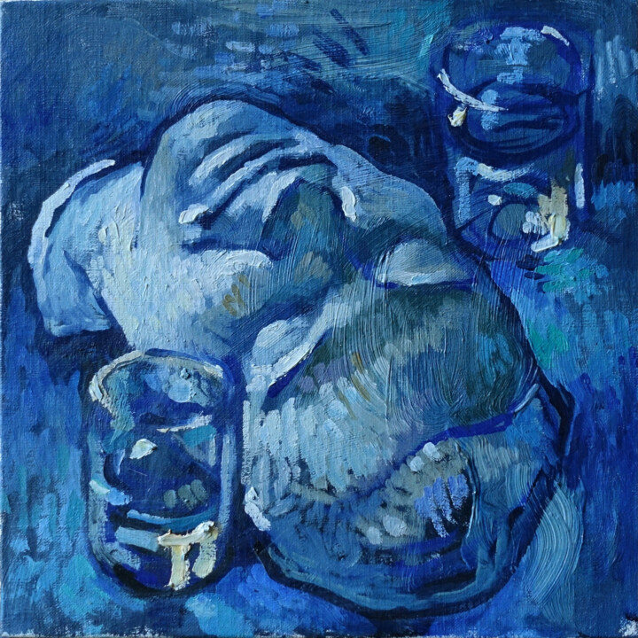 Nature morte au masque en plâtre et verres 绘画, 11.8x11.8 in