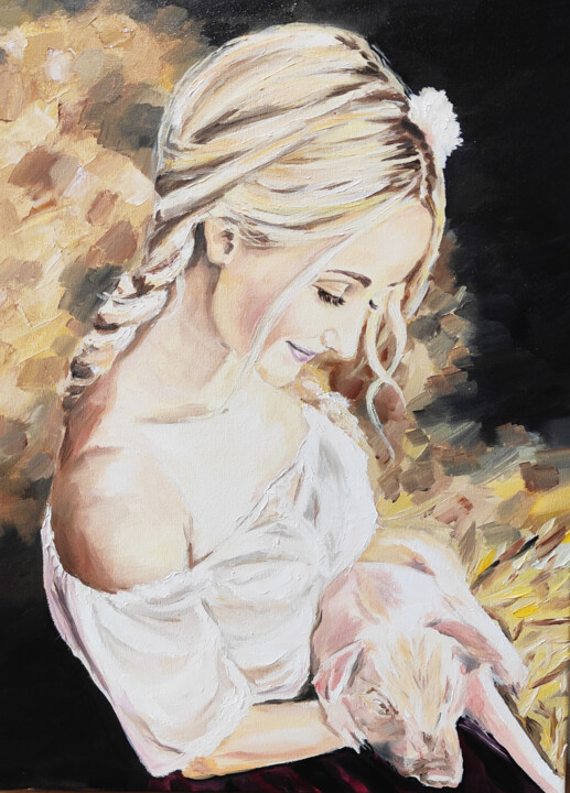 Blounde Girl with a pig, Erotic painting 绘画, 15.8x11.8 in